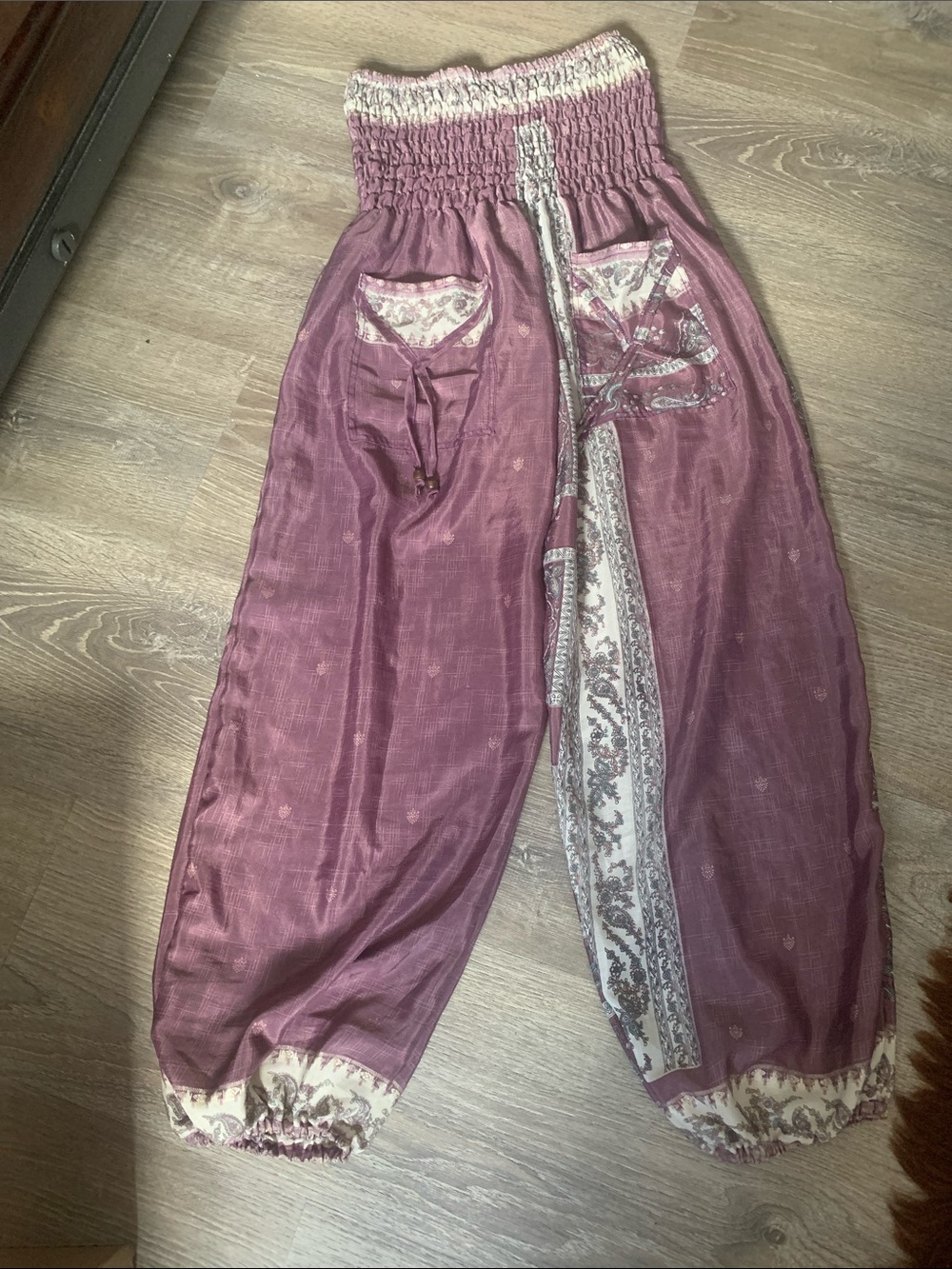 Silk Smocked Waist Wide-Leg Harem Pants in Dusty Mauve